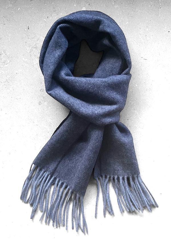 PURE WOOL HERRINGEBONE SCARF - NAVY